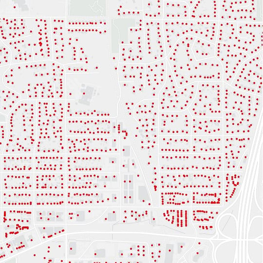 A map with points representing residences and businesses