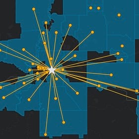 A map showing a population center and its connections