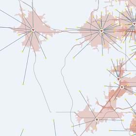 A map with red and sepia blotches symbolizing racial equity nonprofits