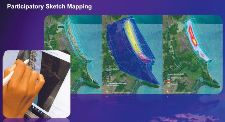 An image of a hand drawing on a map on a tablet next to three differently colored maps of the same area