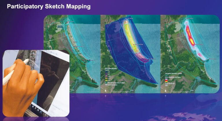 An image of a hand drawing on a map on a tablet next to three differently colored maps of the same area An image of a hand drawing on a map on a tablet next to three differently colored maps of the same area