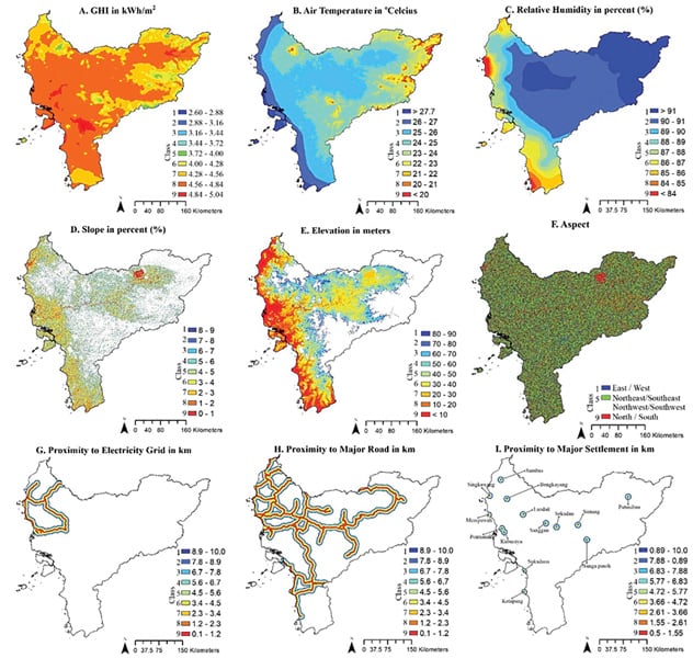 Nine maps of West Kalimantan, Indonesia, showing various information related to solar development—such as temperature, humidity, elevation, slope, and more—in different colors Nine maps of West Kalimantan, Indonesia, showing various information related to solar development—such as temperature, humidity, elevation, slope, and more—in different colors
