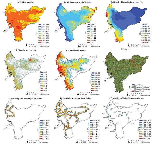 Nine maps of West Kalimantan, Indonesia, showing various information related to solar development—such as temperature, humidity, elevation, slope, and more—in different colors