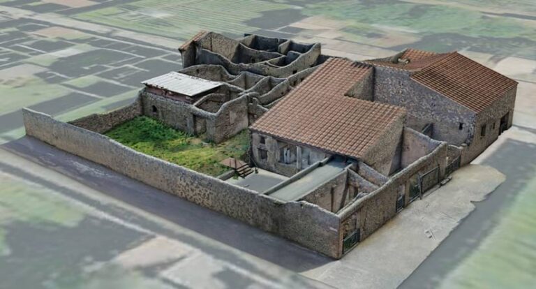 A 3D model of Insula 14, with walls, rooftops, stairs, gates, and vegetation