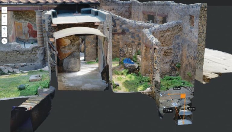 A web scene showing the excavation site, with a measurement being taken in ArcGIS Online shown in the bottom-right corner A web scene showing the excavation site, with a measurement being taken in ArcGIS Online shown in the bottom-right corner