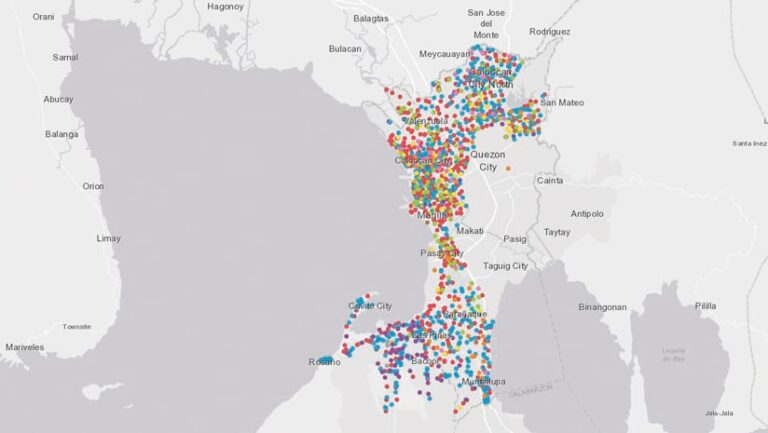 A map of Manila with colorful dots all over it