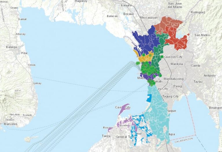 A map of Manila that’s sectioned off into smaller regions clustered together by color, such as green, blue, purple, yellow, and red