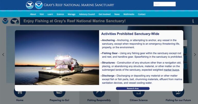 A screen on the web app that shows a list of prohibited activities at the sanctuary alongside a photo of a boat