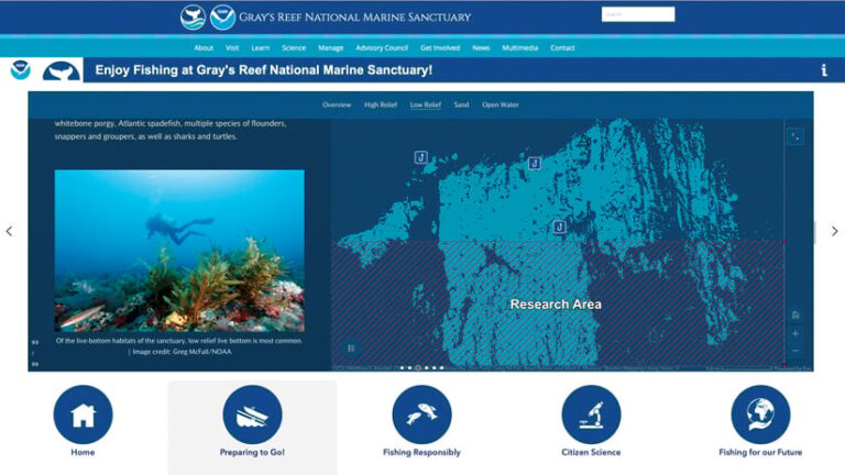 The ArcGIS StoryMaps narrative on the web app, showing a photo of a diver in the sanctuary next to a map of the research area