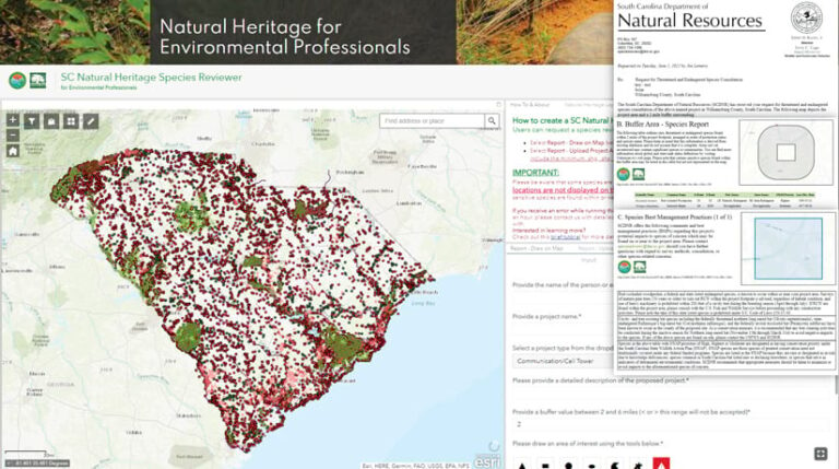 A map of South Carolina with red dots all over it and some areas highlighted in green, plus information about the South Carolina Department of Natural Resources and how to use the map