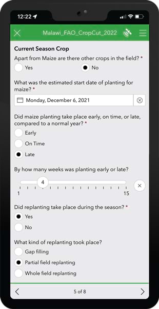 An ArcGIS Survey123 smart form on a smartphone showing the questions that need to be answered during a crop assessment