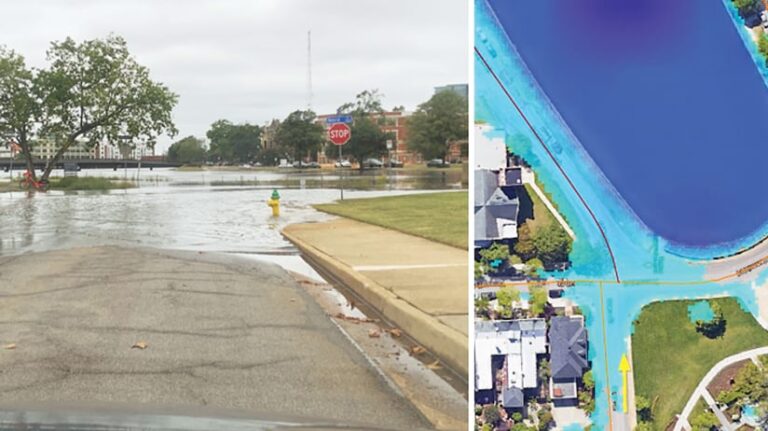 A photo of a flooded road on the left with a map of the flood inundation extent for that road on the right