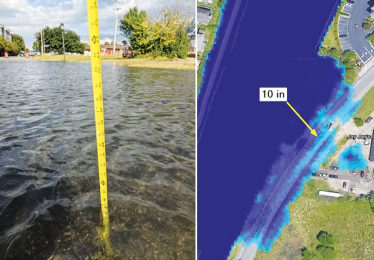 A photo of a tape measure showing how deep the water is on a flooded road (9 inches) next to a map of that road that estimates how deep the flooding will be (10 inches)