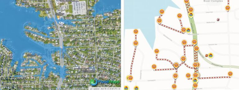 A map of flood inundation extents next to a Waze map showing roadblocks that correspond to where the flooding is