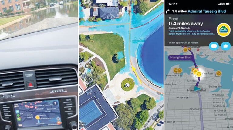 A dashboard cam that shows a flooded road, next to a map that shows flood inundation extents on that road, next to a Waze map that shows corresponding road hazards