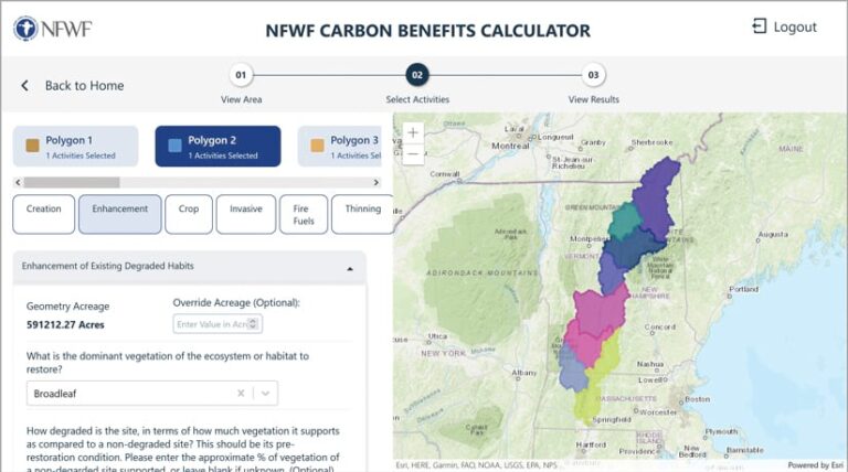 The NFWF Carbon Benefits Calculator interface, with a map on the right and descriptions of the polygons on the left