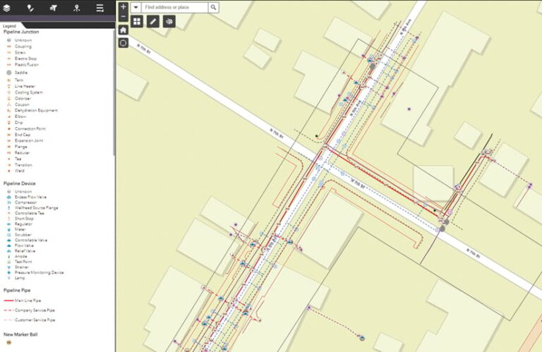 A map of utility pipelines along a road with a legend on the left side of the screen