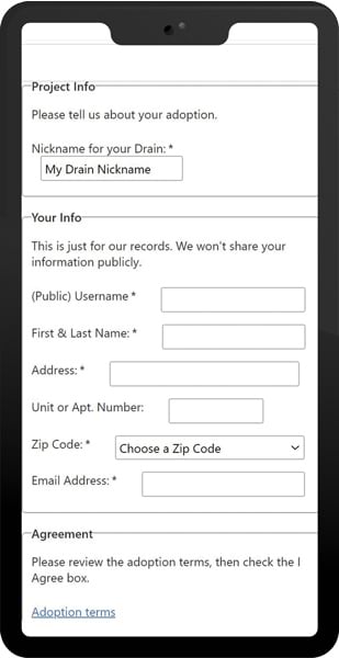 A smartphone screen showing the form that people fill out when they want to adopt a drain