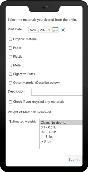 A smartphone screen showing the form that people fill out when they visit and clean out their adopted drains