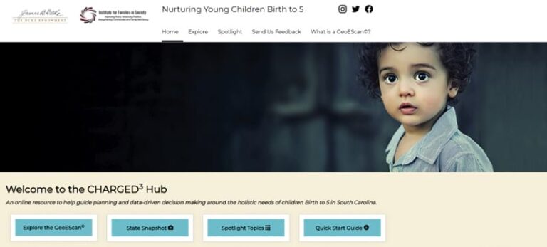 The top part of the main page of the CHARGED3 hub site, featuring a photo of a small child along with links to various parts of the website
