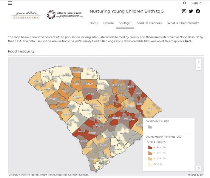 A map of South Carolina on the hub site with counties shown in red, dark orange, light orange, or beige plus a legend indicating that the darker the orange, the higher the percentage of food insecurity within that county