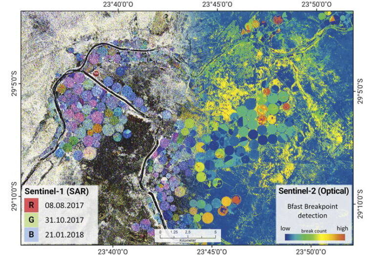 A black-and-white aerial image of land with purple and blue pixelated circles on the left denoting imagery produced by Sentinel-1 and clear, sharp yellow, green, and blue circles on the right denoting imagery produced by Sentinel-2