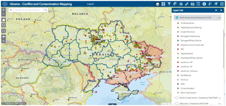 A map of Ukraine with different-colored dots all over it indicating various events that HALO has recorded and verified, such as land mines, cluster munitions, air strikes, and damaged infrastructure