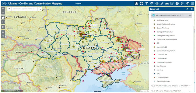 A map of Ukraine with different-colored dots all over it indicating various events that HALO has recorded and verified, such as land mines, cluster munitions, air strikes, and damaged infrastructure A map of Ukraine with different-colored dots all over it indicating various events that HALO has recorded and verified, such as land mines, cluster munitions, air strikes, and damaged infrastructure