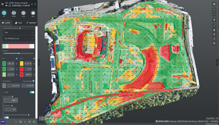 The Site Scan for ArcGIS interface showing an aerial image of the new stadium under construction with flat surfaces shown in green and sharp-grade surfaces shown in red