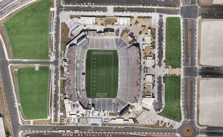An aerial orthomosaic of the stadium and the surrounding grounds, streets, and parking lots