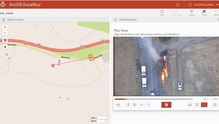 A video still of a fire on the side of a road next to a map showing where the aircraft was when it took the video