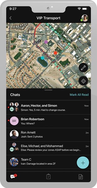 A smartphone screen showing a map with a list of chats underneath it A smartphone screen showing a map with a list of chats underneath it