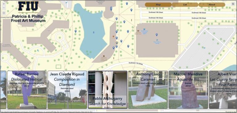 The Sculpture Park web app, with a map of FIU’s campus on top showing points of interest that correspond to art pieces and more details about each piece of art, including the artist’s name, the title of each piece, when it was made, the materials used to create it, and a photo of the work