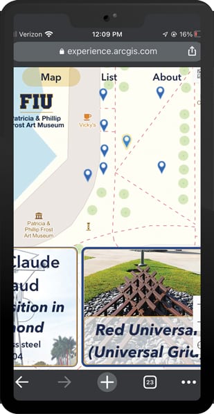 A smartphone screen showing the ArcGIS Experience Builder web app, including a map with points of interest on it and buttons that show a photo of an art piece along with its name