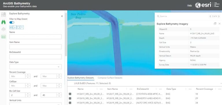 The ArcGIS Bathymetry web map showing a bathymetric map of San Pedro Bay and options for data visualization