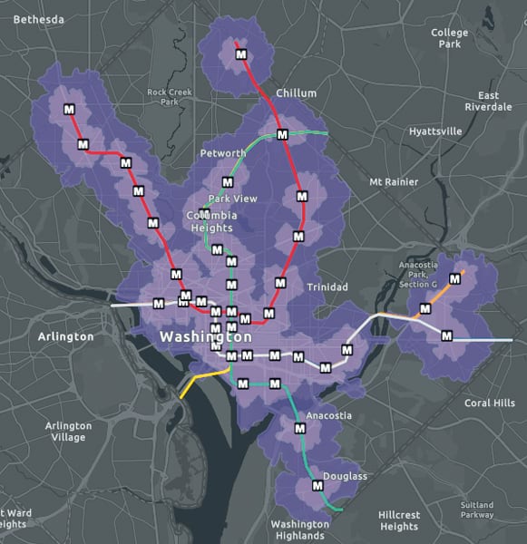 A dark gray map of Washington, DC, that shows the metro lines in various colors plus light purple and dark purple polygons surrounding them that reveal areas within a half-mile and mile walk, respectively, of metro stops A dark gray map of Washington, DC, that shows the metro lines in various colors plus light purple and dark purple polygons surrounding them that reveal areas within a half-mile and mile walk, respectively, of metro stops