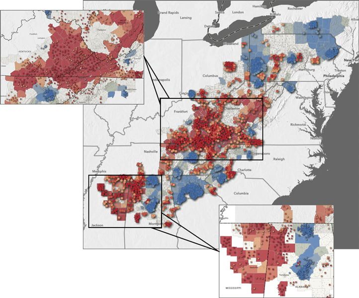 A map of Appalachia with certain areas colored in dark blue, light blue, red, and orange, plus dots of the same color scattered throughout the map and two inset maps showing zoomed-in details of two areas in Appalachia that largely lack sufficient internet access