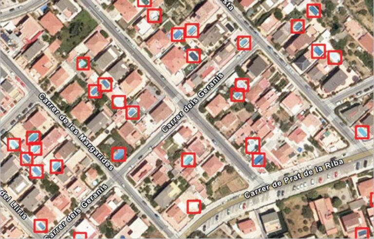 An aerial map of a residential neighborhood with pools encircled in red