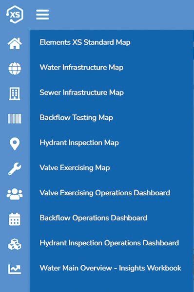 A blue mobile device screen showing the list of geospatial apps users can access via the Elements XS interface, including a variety of maps and dashboards and an ArcGIS Insights workbook