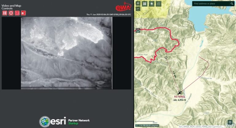A map showing where an aircraft is in relation to a fire line next to a black-and-white video feed depicting that fire line A map showing where an aircraft is in relation to a fire line next to a black-and-white video feed depicting that fire line