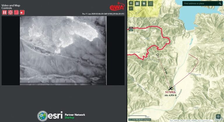 A map showing where an aircraft is in relation to a fire line next to a black-and-white video feed depicting that fire line