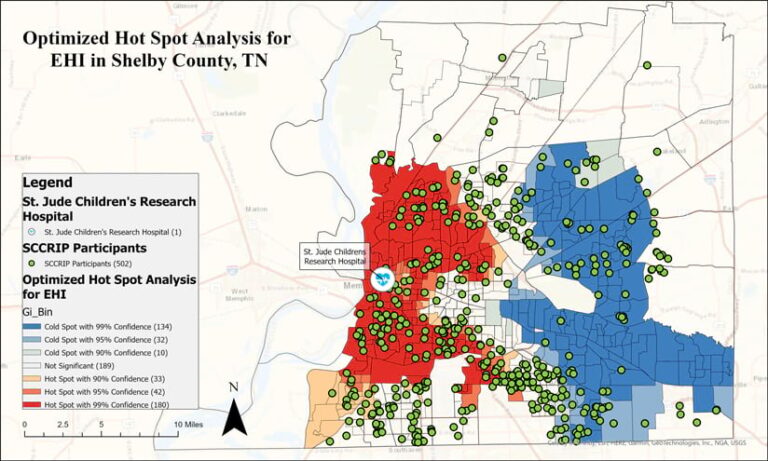 A map of Shelby County, TN, that shows areas with high levels economic hardship in red and areas with low economic hardship in blue, plus green dots that indicate where patients live