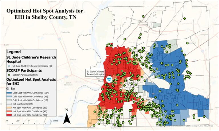 A map of Shelby County, TN, that shows areas with high levels economic hardship in red and areas with low economic hardship in blue, plus green dots that indicate where patients live A map of Shelby County, TN, that shows areas with high levels economic hardship in red and areas with low economic hardship in blue, plus green dots that indicate where patients live