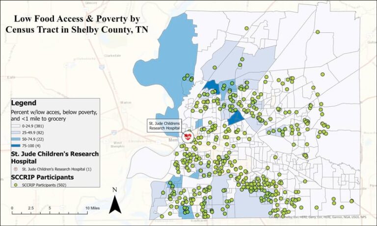 A map of Shelby County, TN, that shows green dots that indicate where patients live plus areas colored blue that have low-income populations and that lack access to good-quality food