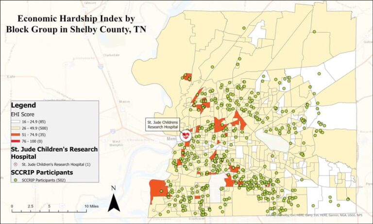 A map of Shelby County, TN, that shows areas with high economic hardship in red, plus green dots that indicate where patients live A map of Shelby County, TN, that shows areas with high economic hardship in red, plus green dots that indicate where patients live