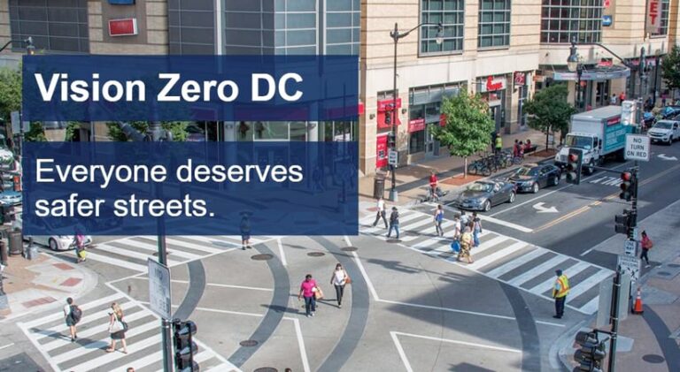 The Vision Zero DC home page, showing a photo of a street with pedestrians and cars and text that says Everyone deserves safer streets