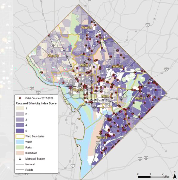 A map of Washington, DC, showing where fatal crashes happened from 2017–2021 overlaid on race and ethnicity index scores shown in various shades of purple A map of Washington, DC, showing where fatal crashes happened from 2017–2021 overlaid on race and ethnicity index scores shown in various shades of purple