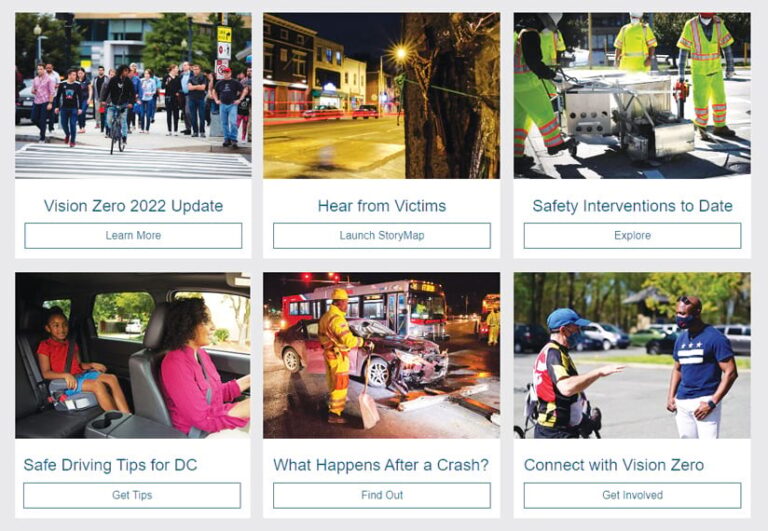 Six boxes on a web page, each with a photo and text that indicates what clicking on the link will show, from an ArcGIS StoryMaps narrative of traffic accident victim stories to safe driving tips