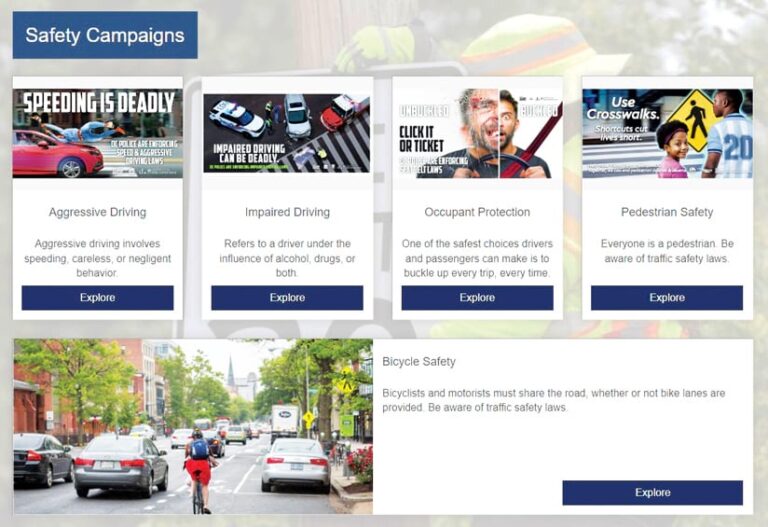 The web page for safety campaigns, which shows various boxes with images and links to information on topics such as aggressive driving, pedestrian safety, and bicycle safety The web page for safety campaigns, which shows various boxes with images and links to information on topics such as aggressive driving, pedestrian safety, and bicycle safety
