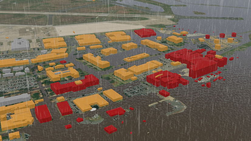 A 3D scene modeling storm impacts on a group of buildings